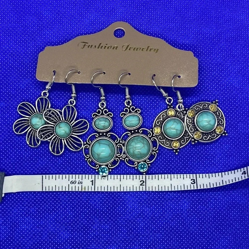 New‎ earrings 3 pair silver tone antique finish faux turquoise boho earrings - Picture 2 of 5